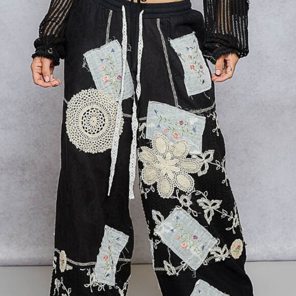 #185BLK POL FLORAL& LACE PATCHWORK PANTS-BLACK MATCHING TOP SEPERATE - Picture 2 of 4